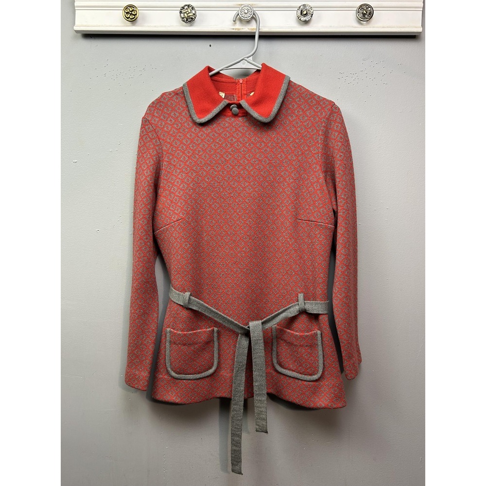 Winkelman's Tunic Womens 12 Orange Grey Wool Vintage Italy Geometric Belted Mod